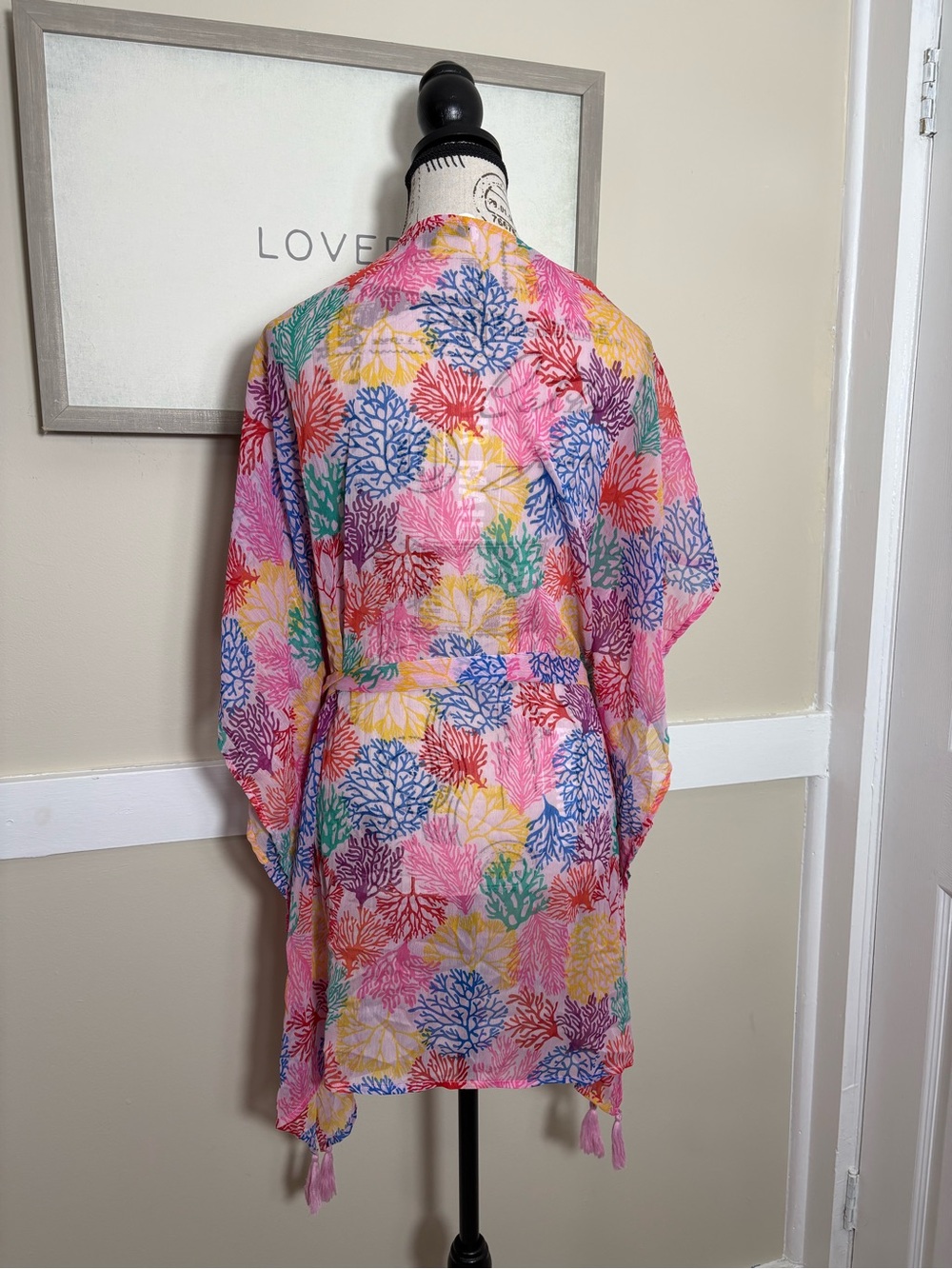 America & Beyond Coral Print Tassel Kimono Cover Up Beach Resort - Picture 7 of 11